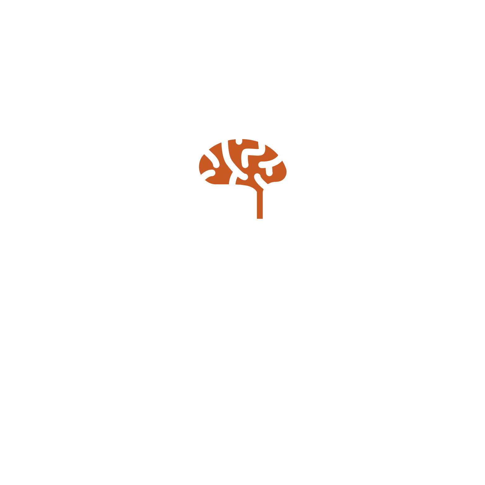Line drawing of a human head with the brain highlighted in brown. There is a speech bubble next to the head containing a smaller brain illustration.